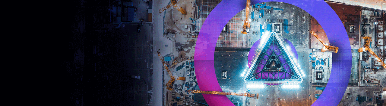 City overview of an industrial building. Cora pink and purple gradient lens logo.