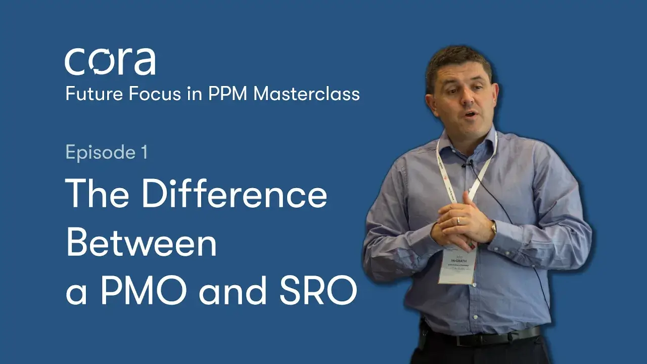 Cora systems video thumbnail with blue background and white text with presenter in the forefront.