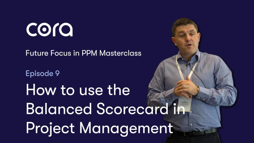 Brown haired man wearing a blue shirt giving a talk on a navy background with 'how to use the balanced scorecard in project management' in white text