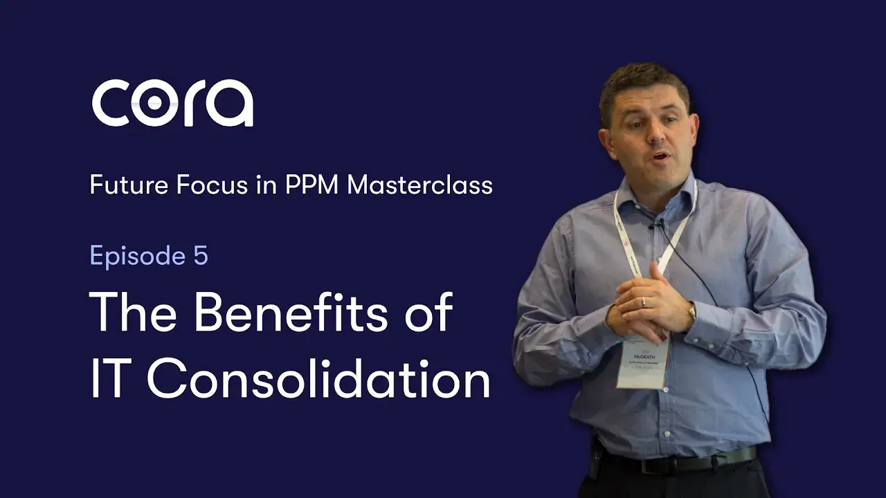 Cora systems video thumbnail with blue background and white text with presenter in the forefront.