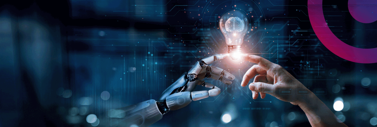 Human and robot fingertips touch and lightbulb lights up.