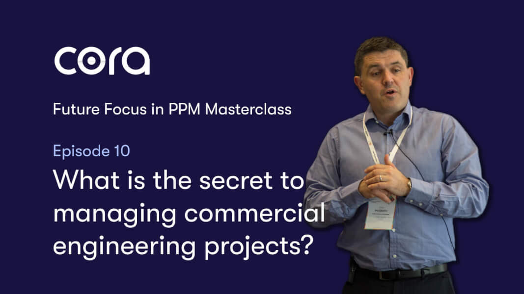 Brown haired man wearing a blue shirt speaking about the secret to managing commercial engineering projects standing in front of a navy background and the text 'what is the secret to managing commercial engineering projects ' written in white text