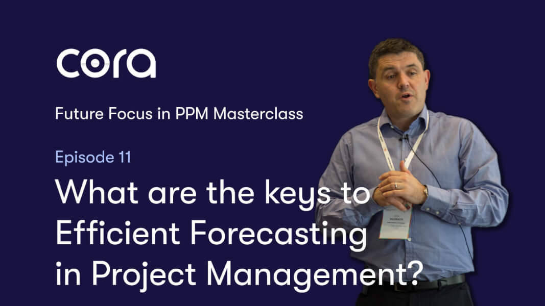 Brown haired man wearing a blue shirt speaking about the keys to efficient forecasting in project management standing in front of a navy background and the text 'what are the keys to efficient forecasting in project management' written in white text