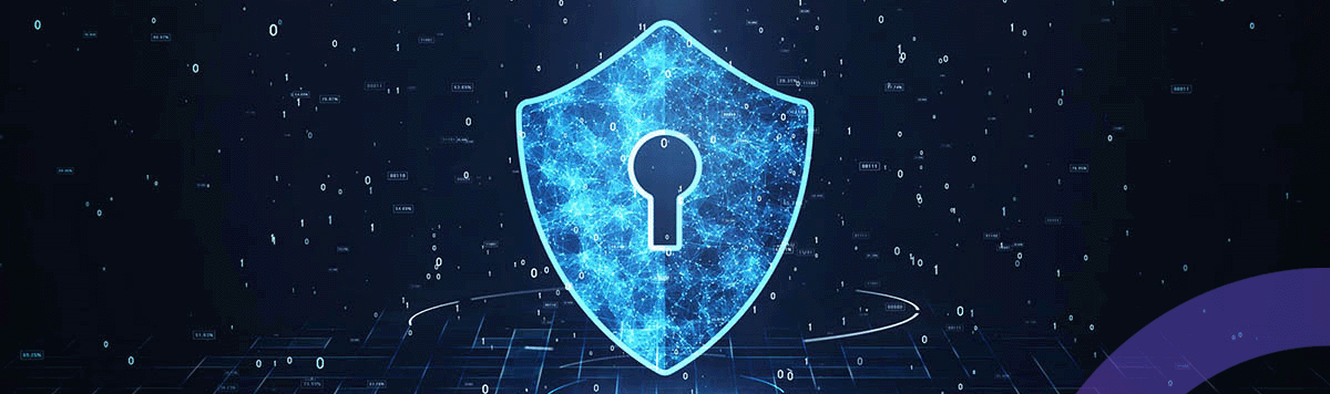 Low code no code Cyber Security Concept With Shield Icon In Cyber Space with Cora systems pink and purple lens logo in the bottom right corner.