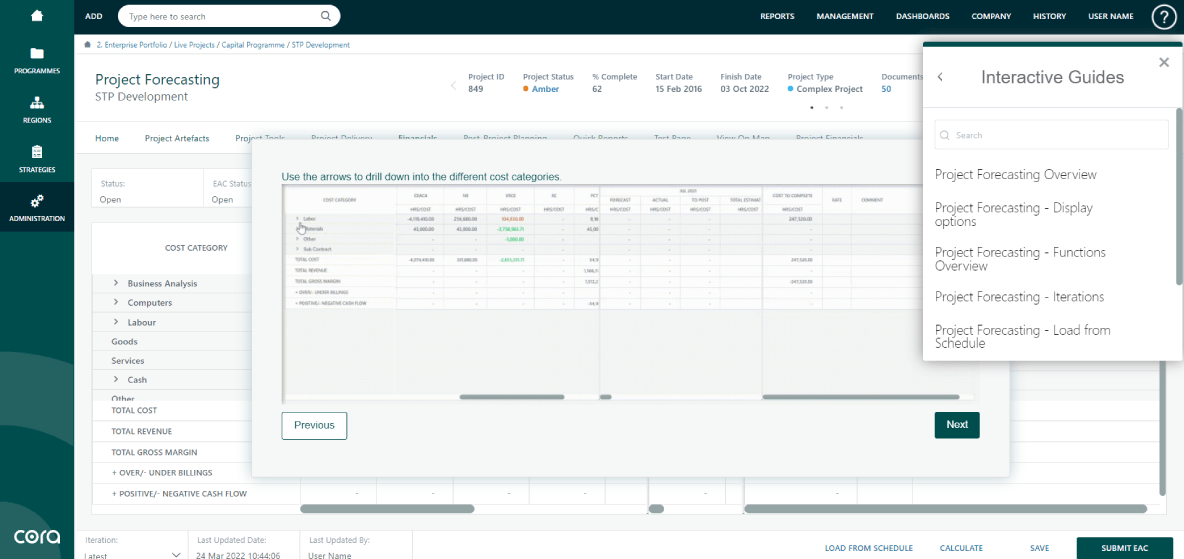 Screenshot of Cora PPM dashboard project forecasting