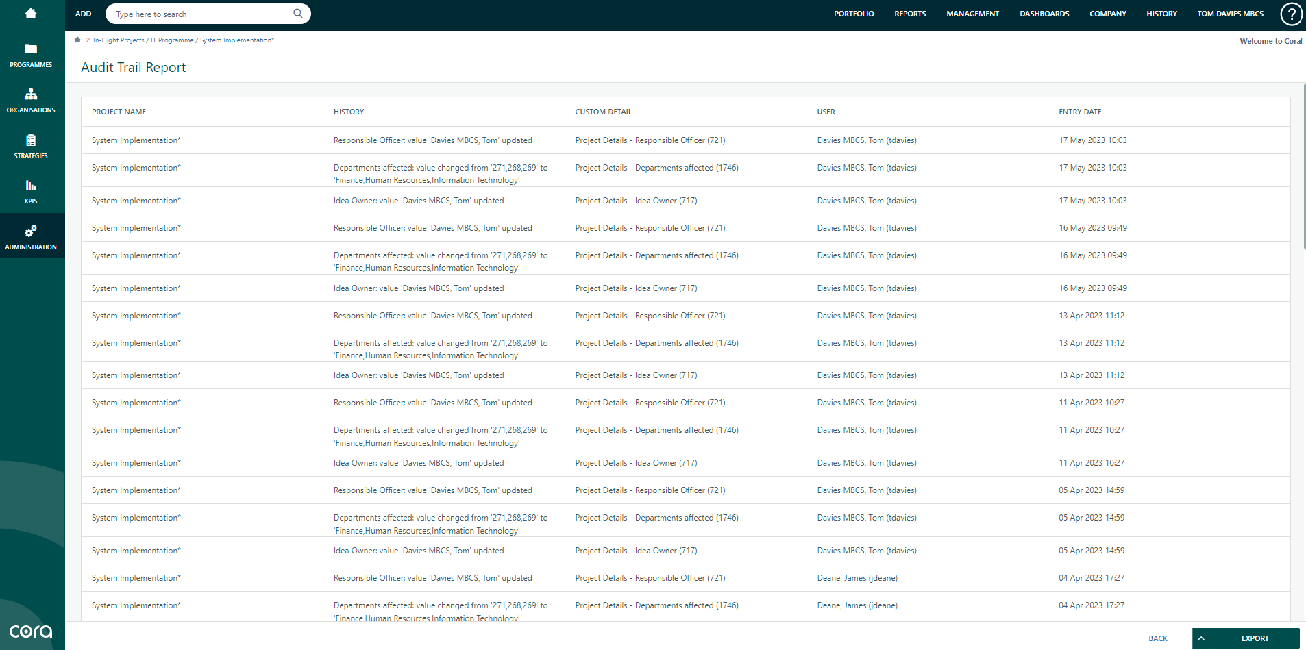 Cora PPM Software Audit Trail Screenshot