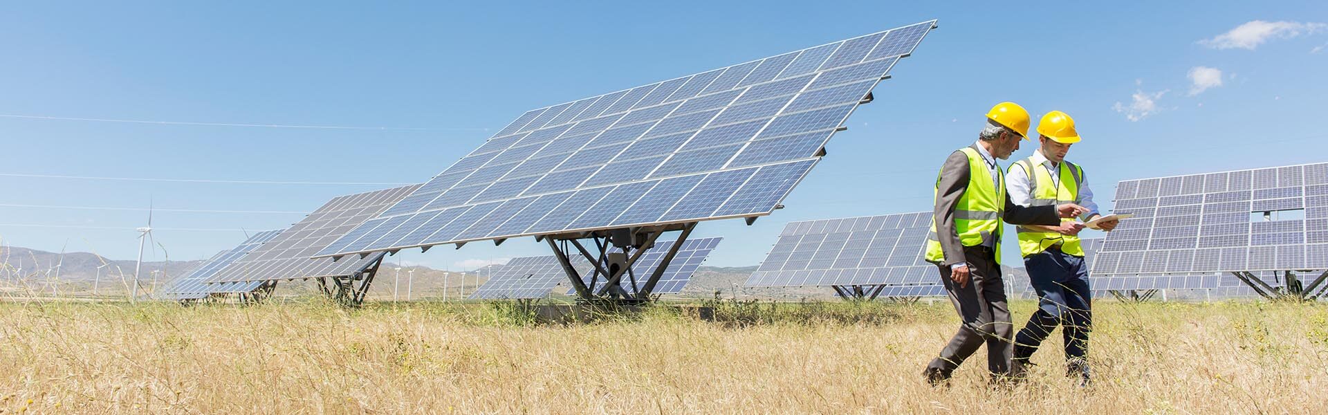 Workers walking by solar panels in rural landscape