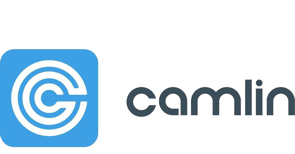 Camlin logo with blue square and a white c inside. Camlin written in navy text.