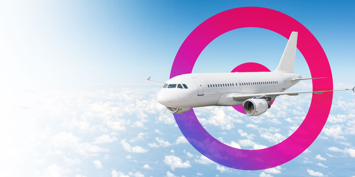 Airplane in the sky with clouds in the background. Pink and purple gradient lens logo also in the background behind the plane.
