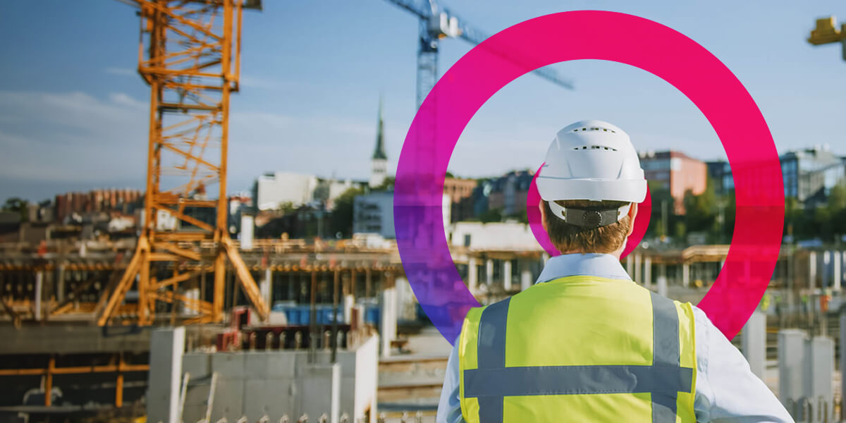 Civil engineer on a site wearing a high visibility jacket looking at a construction site with a yellow crane. A pink and purple lens icon in the background.