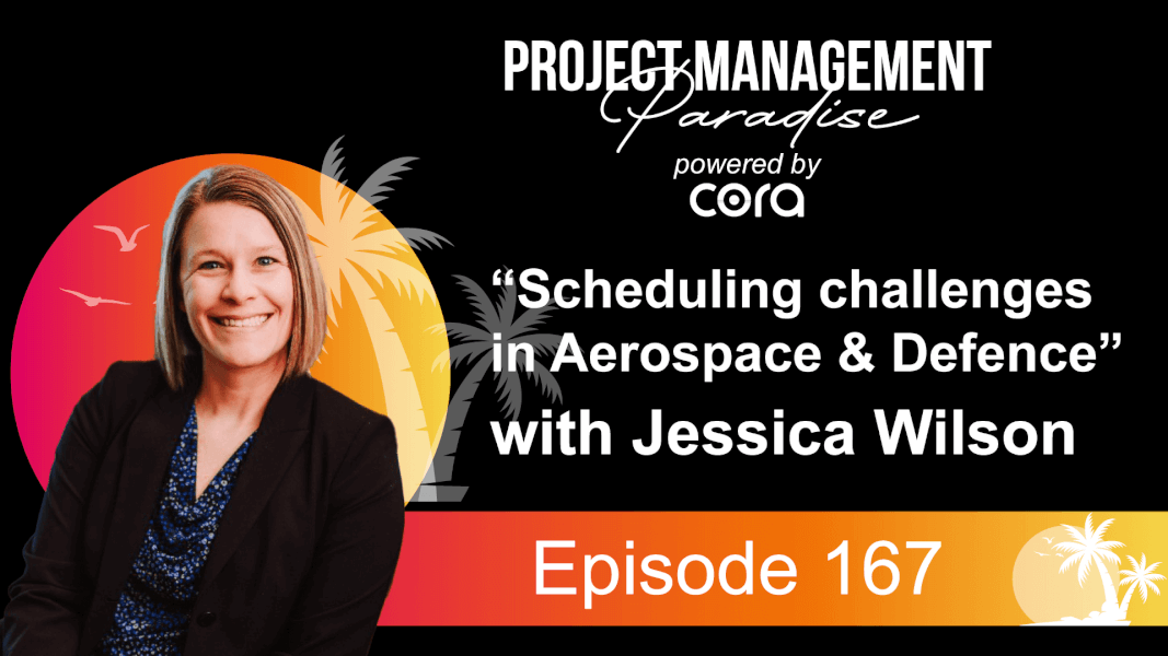 YouTube Thumbnail with black background with white font that says Scheduling challenges in Aerospace and Defense. With an image of a woman smiling.
