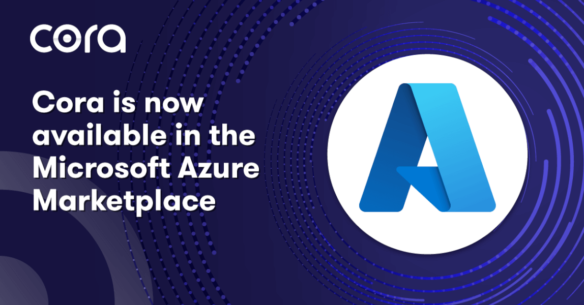 Navy background with type 'Cora is now available in the Microsoft Azure Marketplace' in white font. There is a large white circle with a blue letter 'A' on the graphic also.