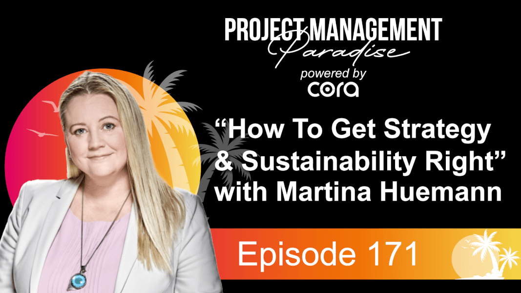 Blonde haired woman standing in front of the project management paradise logo.
