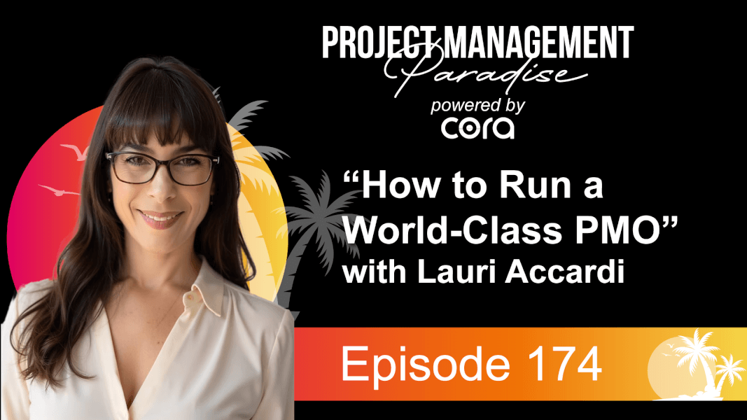 Black background with a lady that has brown hair and a brown fringe wearing black glasses and a white shirt. The text on screen displays 'How to run a world-class PMO'